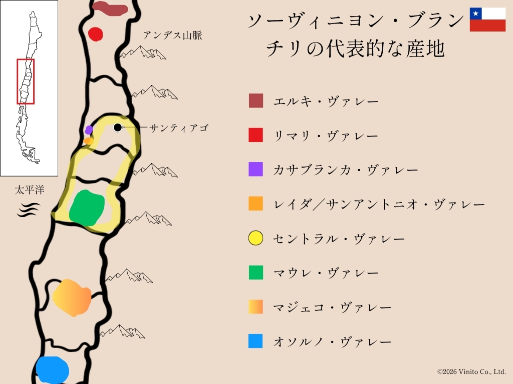 チリのソーヴィニヨン・ブランの代表的な産地を示す地図