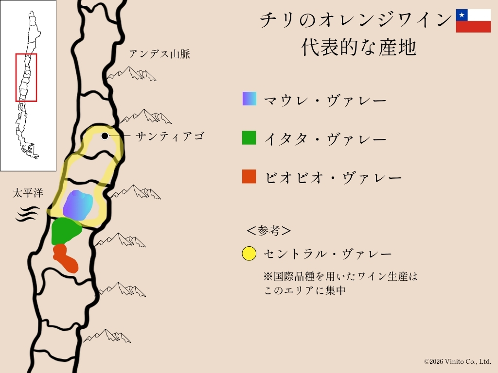 チリのオレンジワインの産地マップ